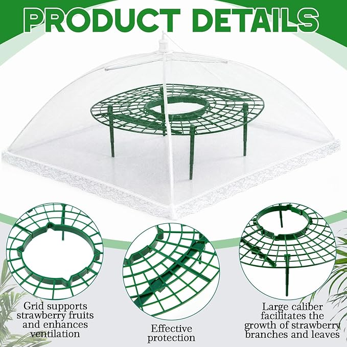 1 Sets Round Strawberry Plant Support with Mesh Plant Cover, Strawberry Growing Kit with Iron Nails for Garden Vegetables Keep Berries Clean