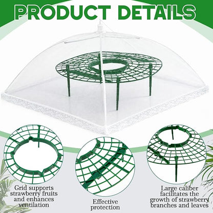 12 Sets Round Strawberry Plant Support with Mesh Plant Cover, Strawberry Growing Kit with Iron Nails for Garden Vegetables Keep Berries Clean