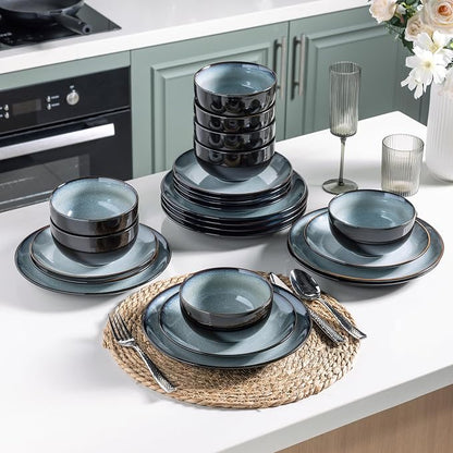 LeRatio Ceramic Dinnerware Sets for 6,Stoneware Plates and Bowls Sets,Handmade Reactive Glaze Dishes Set,Chip Resistant and Scratch Resistant | Oven&Dishwasher & Microwave Safe-Gray White(18PCS)