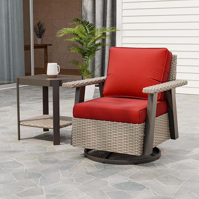 EAGLE PEAK Classic Wicker Patio Bistro Set of 2, Outdoor Patio Furniture with 360° Swivel Rocker Chair and Side Table, Lounge Set for Porch, Deck, or Balcony, Beige/Red