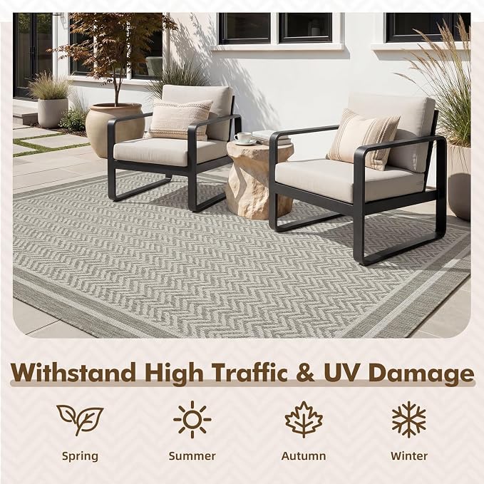 MontVoo-Outdoor Rug-Patio Rug 5x7 Polypropylene Indoor Outdoor Rugs Outdoor Carpet for Patio Deck Balcony Porch, Textured Weave, Durable for High Traffic, Fade-Resistant, Boho Farmhouse Silver Grey