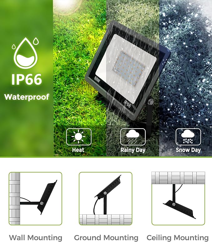L LOHAS LED Orange Christmas Halloween Flood Light Outdoor, 𝑨𝒖𝒕𝒐 𝑶𝑵/𝑶𝑭𝑭 50W Plug in Flood Lights, IP66 Waterproof 2300lm Outdoor Lights for Yard, Garage, Party, UL Listed, 2 Pack