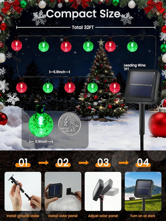 2-Pack 100 LED Red and Green Solar Christmas Lights Outdoor - 64FT Crystal Globe Waterproof Solar String Lights with 8 Lighting Modes for Christmas Decorations, Garden, Patio, Party, Porch