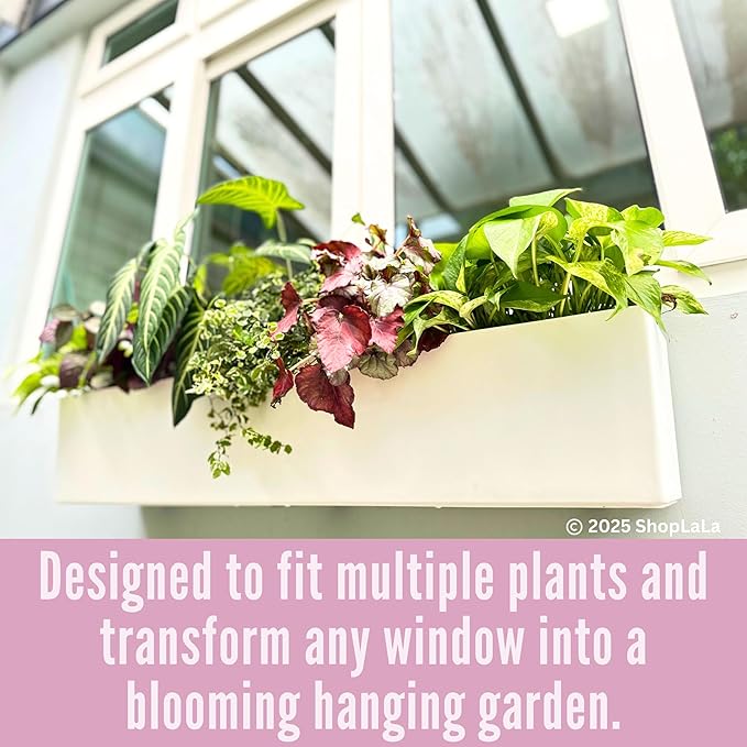 LaLaGreen Hanging Planter Boxes Outdoor (40 Inch, 2 Pack) Extra Large Window Flower Box with Bracket, White Rectangular Self Watering System Vertical Plant Container Wall Mount Indoor Succulents Herbs