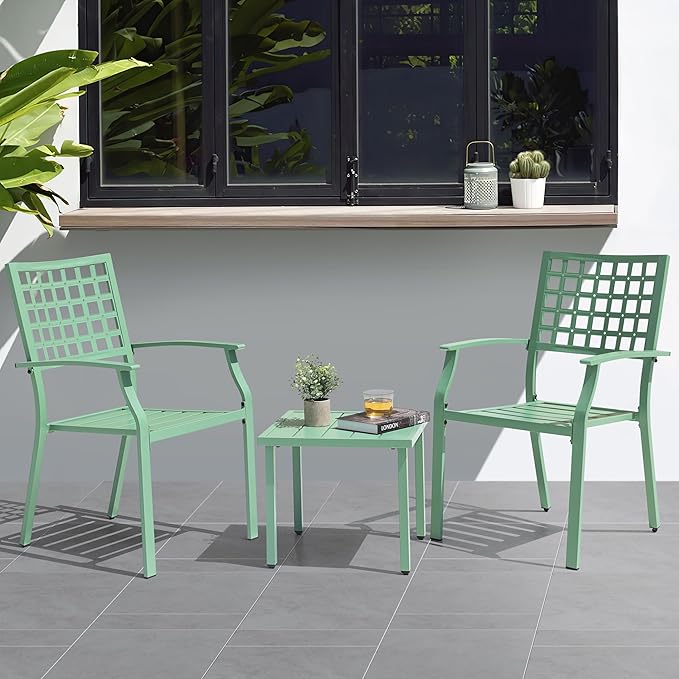 NUU GARDEN 3 Pieces Outdoor Bistro Set, All-Weather Patio Furniture with 2 Metal Stackable Chairs and Square Table, Waterproof Set for Balcony, Porch, Garden, Deck, Green