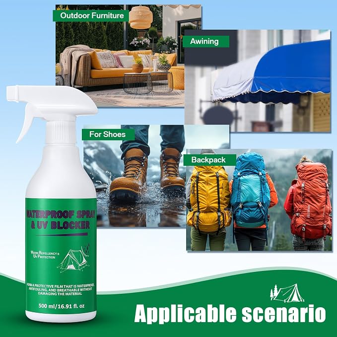 Tent Waterproofing Spray Outdoor, 17oz Waterproof UV Protection Stain Resistant Gear Fabrics Water Repellent Spray for Camping, Hiking, Daily Use