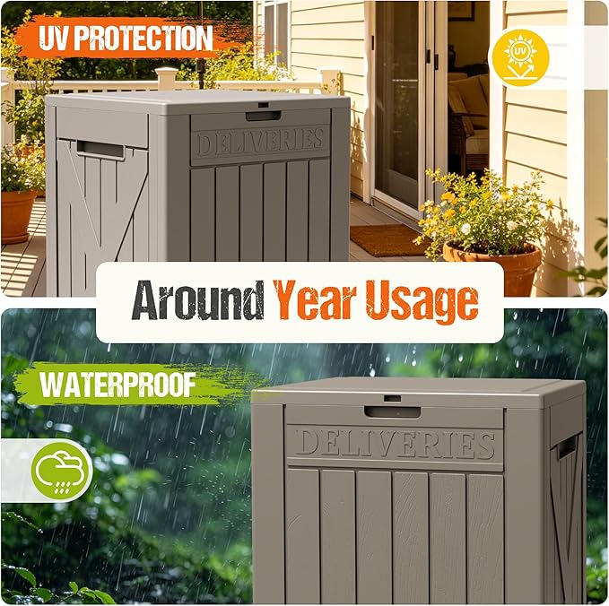 Flamaker 50 Gallon Deck Box, Package Delivery Box for Outside, Outdoor Package Drop Container for Gifts, Waterproof Plastic Storage Container with Lockable Secure for Porch (Brown)