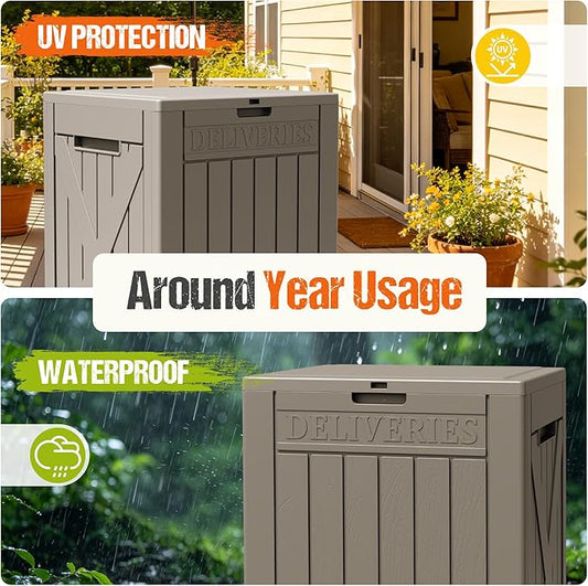 Flamaker 50 Gallon Deck Box, Package Delivery Box for Outside, Outdoor Package Drop Container for Gifts, Waterproof Plastic Storage Container with Lockable Secure for Porch (Brown)