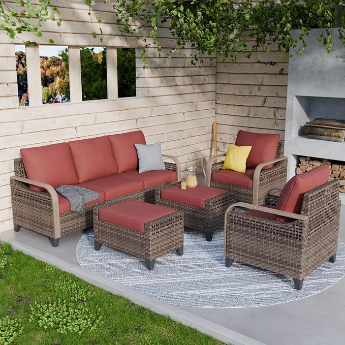 COOS BAY Modern Wicker Outdoor Furniture Set, Patio Conversation Set with Patio Chairs, 3 Seat Couch, and Ottomans, 5 Piece, Brown/Red