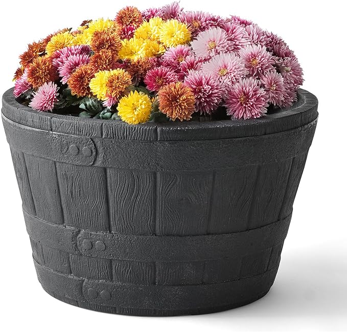ARBORA 16" Whiskey Barrel Polyresin Indoor and Outdoor Planter with Textured Wood Finish - Durable, Weatherproof, Lightweight, Large Plant Pot for Patio, Garden, Deck, Entryway