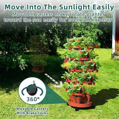 Strawberry Vertical Planters 2 Pack, 5 Tiered Stacking Tower Garden with Support Pole, Stackable Herb Vegetable Planters Indoor Outdoor Terra Cotta