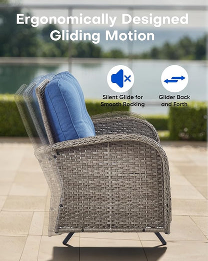 6 Pieces Patio Wicker Furniture Set-Outdoor Swivel Chairs Set of 2 Outdoor Glider Love seat with Outdoor Footstool Patio Furniture for Deck Porch Garden Balcony Poolside-Grey/Blue