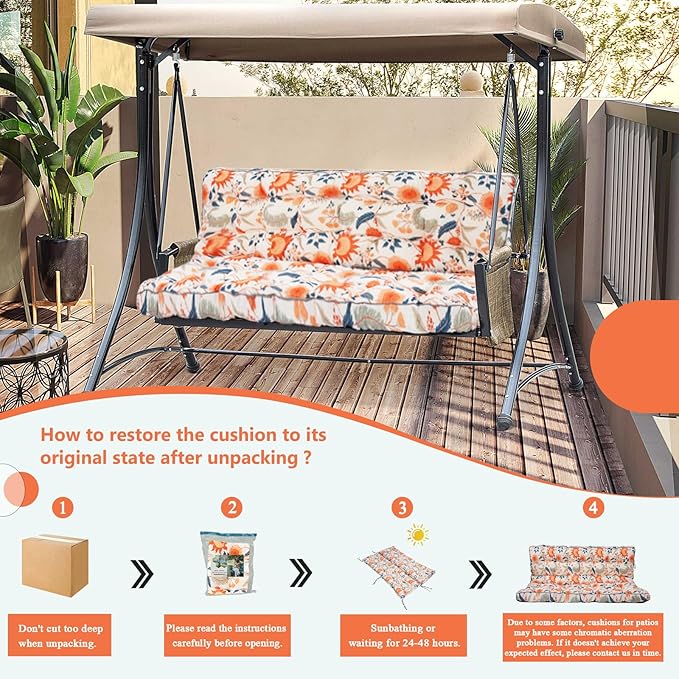 2/3 Seater Swing Replacement Cushion, Waterproof Porch Swing Cushions with Backrest, Thickened Bench Cushions for Outdoor Furniture, for Outdoor Patio Swing (Spring Warmth, 63 * 40in)