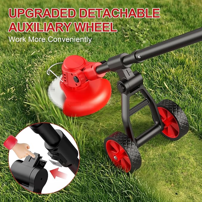 Cordless Weed Wacker with Wheels, 650W Electric Weed Trimmer, 2x2.0Ah 21V Battery Powered, 3 Types Blades Weed Eater Brush Cutter, String Trimmer Lawn Mower Edger Tool for Garden Yard