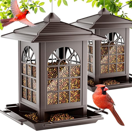 Birdream 2 Pack Bird Feeders for Outdoor Hanging, Assembly Required, 1-Min Easy Setup, Classic Courtyard Design, Attracting Cardinals Chickadees Goldfinches & Sparrows - Brown