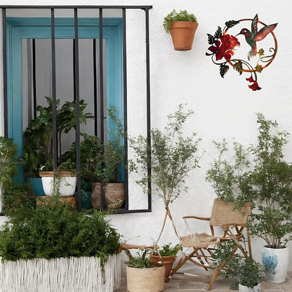 Zoihet Round Metal Bird Wall Art Decor - Hummingbird Wall Art Silhouette for your patio, garden, and fence Art Decor, Bird Wall Silhouette Indoor and Outdoor Hanging (Red)