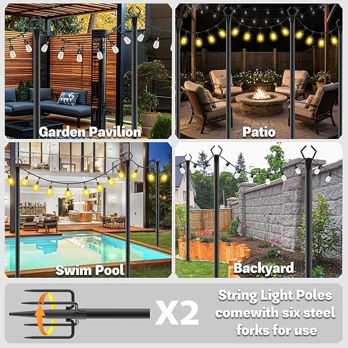 2 Pack 10 ft Heavy Duty Metal String Light Poles Adjustable Outdoor Lighting Stand for Patio,Backyard,Garden,Party & Wedding Rustproof & Sturdy with Hooks