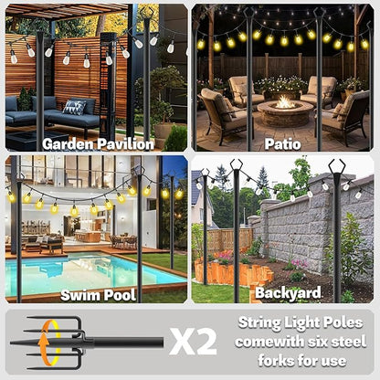 2 Pack 10 ft Heavy Duty Metal String Light Poles Adjustable Outdoor Lighting Stand for Patio,Backyard,Garden,Party & Wedding Rustproof & Sturdy with Hooks