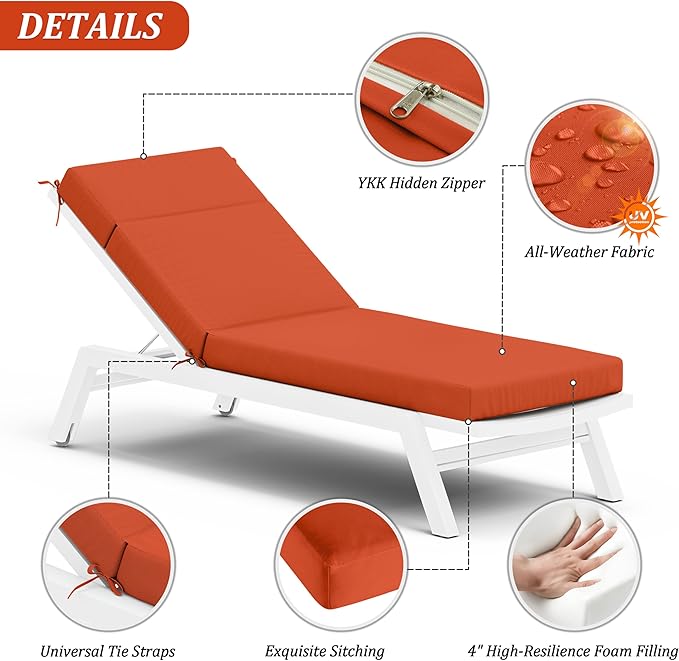 Chaise Lounge Cushion for Outdoor Furniture, Waterproof Fade and Tear Resistant Lounge Deck Chair Cushions for Patio Lawn Pool Resort Hotel