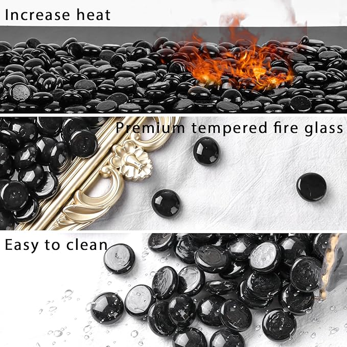 DomeStar 10LB Black Fire Pit Glass, Reflective Round Glass Rocks for Natural Propane Fire Pit Landscaping