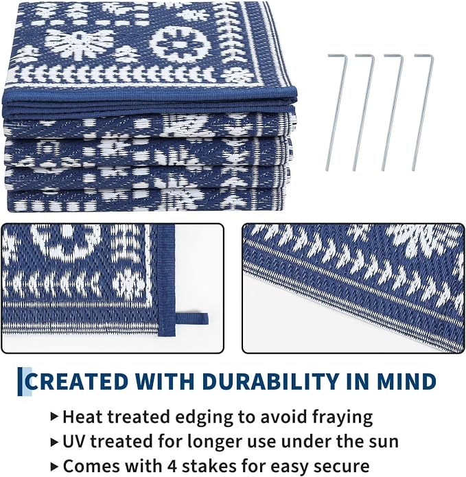Garvee Reversible Outdoor Rug 6x9 for Patio, Waterproof Outdoor Area Rug, Modern Medallion Indoor Outdoor Rugs, Plastic Straw Rug for RV, Camping, Deck, Vintage Navy