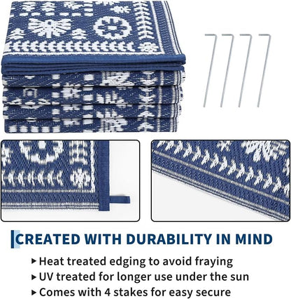 Garvee Reversible Outdoor Rug 6x9 for Patio, Waterproof Outdoor Area Rug, Modern Medallion Indoor Outdoor Rugs, Plastic Straw Rug for RV, Camping, Deck, Vintage Navy