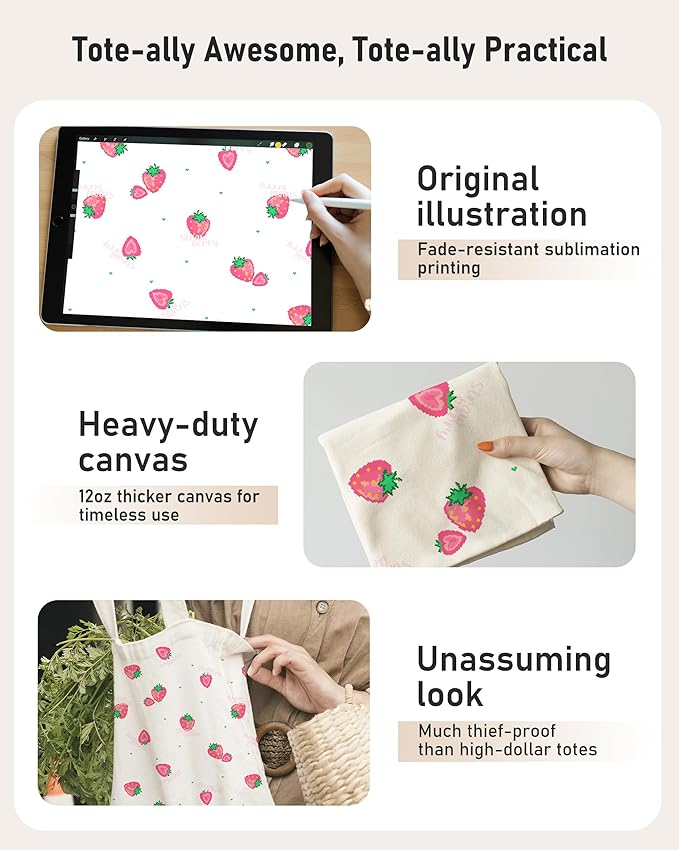Canvas Tote Bag with Aesthetic Prints, Cute Tote Bag for Women Girls with Wide Strap, Gifts for Cat Book Lovers