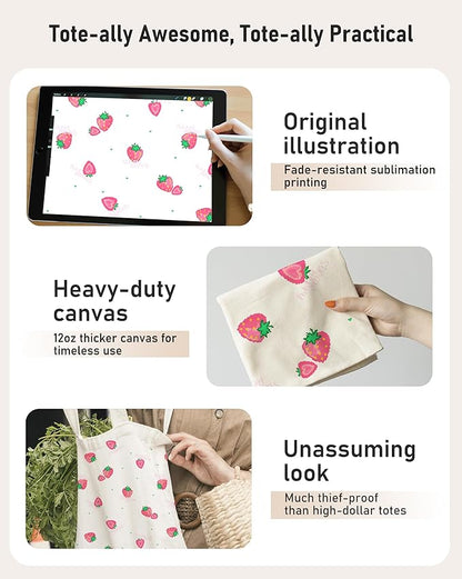 Canvas Tote Bag with Aesthetic Prints, Cute Tote Bag for Women Girls with Wide Strap, Gifts for Cat Book Lovers