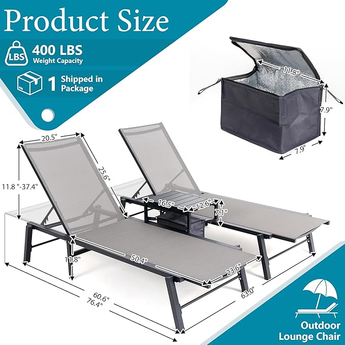 Brafab Outdoor Lounge Chair Set - 3 Pieces Aluminum Patio Chaise Chairs Set, Pool Loungers with Side Table & Insulated Cooler Bag, Adjustable Backrest Beach Chair for Poolside Garden Lawn Deck, Grey