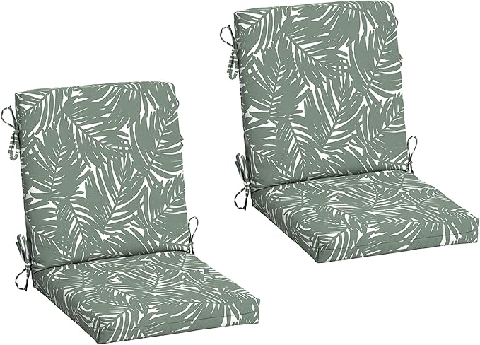 Arden 2-Pack Outdoor Patio Dining Chair Cushion, 20x44, Rain-Proof Seat Pad, Fade-Resistant Outdoor Cushion Sage King Palm