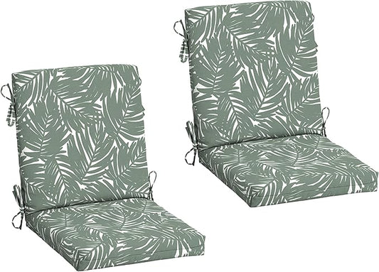Arden 2-Pack Outdoor Patio Dining Chair Cushion, 20x44, Rain-Proof Seat Pad, Fade-Resistant Outdoor Cushion Sage King Palm