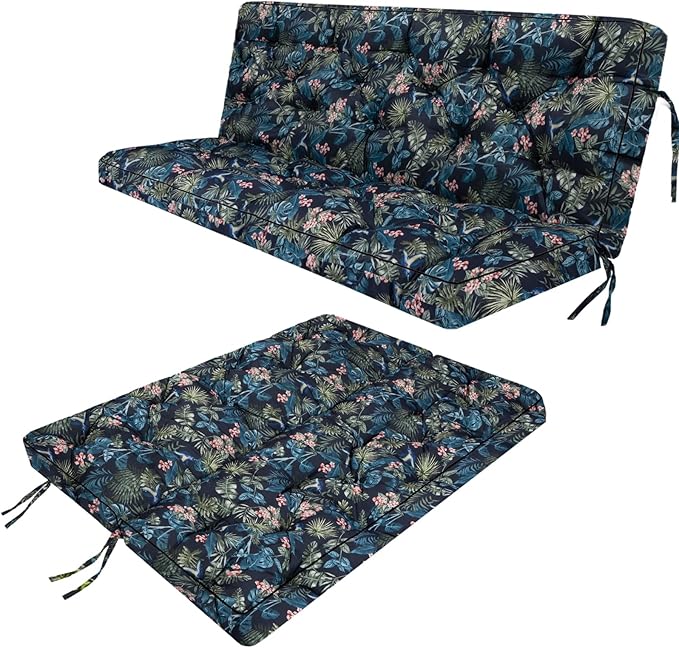 Swing Replacement Seat Cushions, 2-3 Seater Bench Cushions for Outdoor Furnitur with Backrest, Garden Recliner Seat Cushions Waterproof Sofa Pads (Leaves+Flower Pattern, 55x40in)