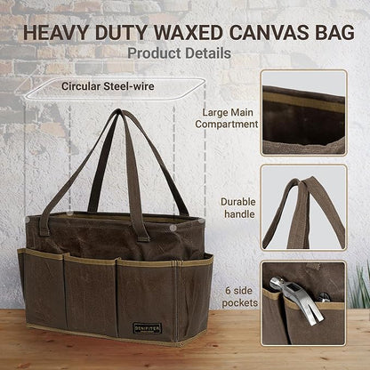 15.5-Inch Waxed Canvas Tool Bag - Foldable Open Top Heavy-Duty Multi-Purpose Wrench Pouch with Handle, Water-Resistant (Grey)