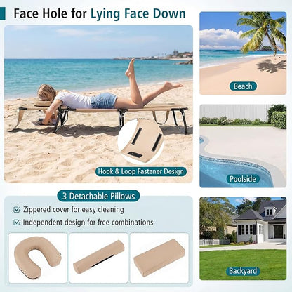 GYMAX Beach Lounge Chair, Sunbathing Chair Patio Lounge Chair Folding Adjustable Recliner with Hole for Face