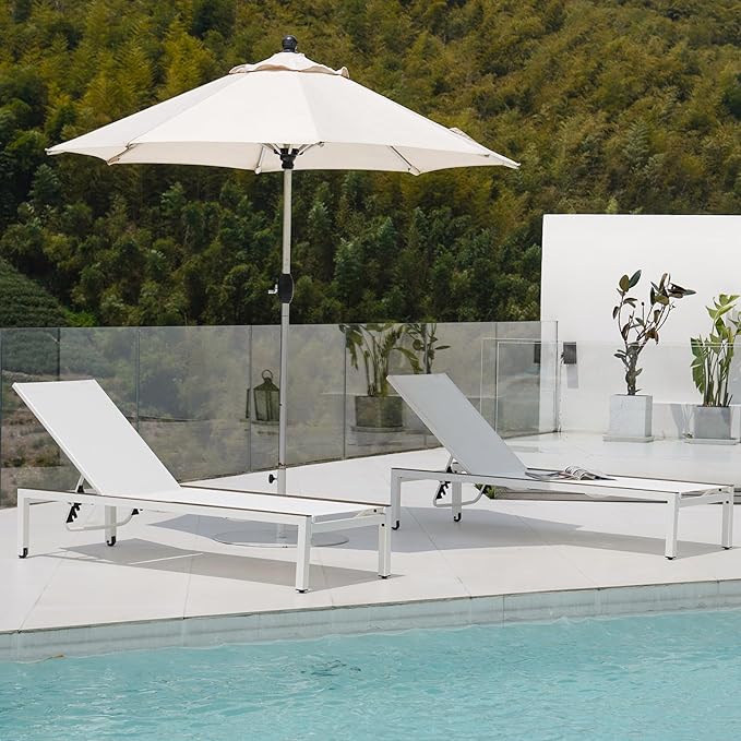 Grand patio Outdoor Chaise Lounge Set of 2 Mesh Sling Lounge Chairs with Woodgrain Texture, Portable Wheels & 4 Adjustable Reclining Backrest Positions for Poolside Beach White 2PCS