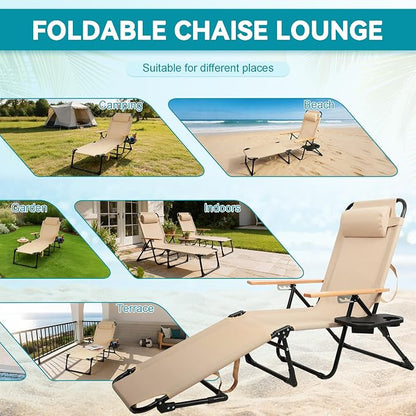 Beach Lounge Chair, Folding Outdoor Chaise Lounge Chair with Arms, 4-Position Backrest, Extended Sun Tanning Chair Pillow & Cup Holder, Patio Lounger for Outside for Beach Pool Patio Yard (Beige)