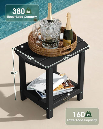 Outdoor Side Table – 2-Tier HDPE Adirondack Side Tables, Sturdy Small Outdoor Porch Tables, Weather-Resistant & Easy Assembly Patio End Table for Garden, Balcony, Porch & Poolside (Black)