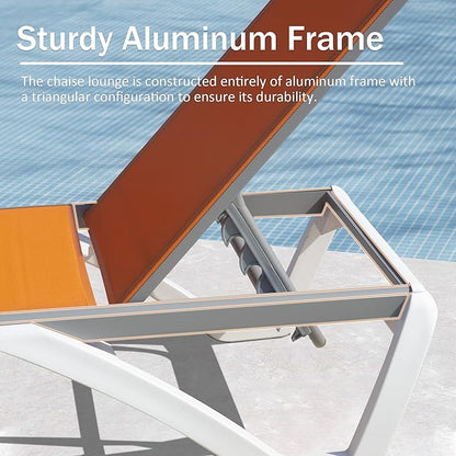 Domi Outdoor Chaise Lounge Chair, Aluminum Patio Lounge Chair with 5 Position Adjustable Backrest and Side Table, for Poolside, Beach, Yard(1 Orange Chair W/Table)
