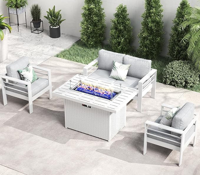 LayinSun Outdoor Aluminum Furniture Set, 4 Pieces Patio Sectional Conversation Chat Sofa Modern Seating Set with Coffee Table