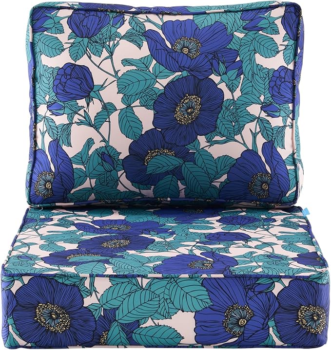 ARTPLAN 24x24 Deep Seat Patio Cushions for Outdoor Furniture,Extra 6 inch Thick,Back 18"x24",Removable,Replacement,Polyester Floral Pattern,Outdoor/Indoor,Blue Flowers