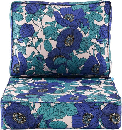 ARTPLAN 24x24 Deep Seat Patio Cushions for Outdoor Furniture,Extra 6 inch Thick,Back 18"x24",Removable,Replacement,Polyester Floral Pattern,Outdoor/Indoor,Blue Flowers