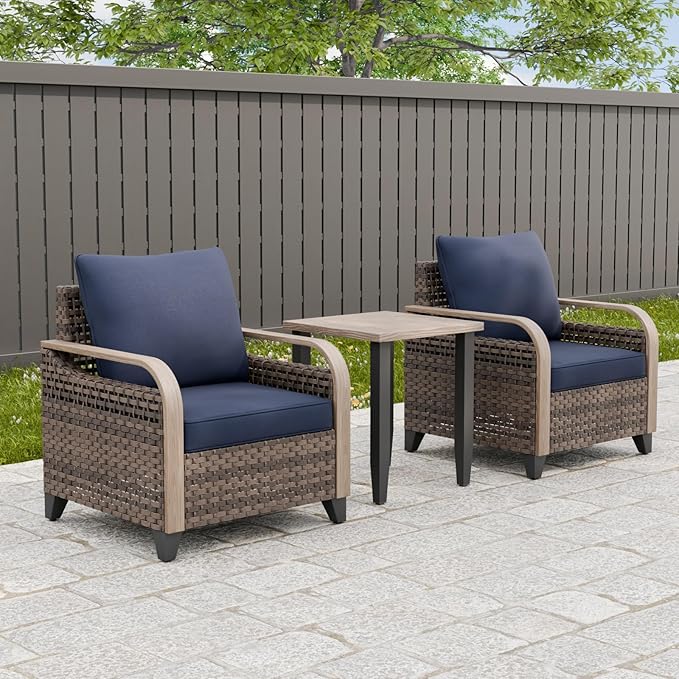 Modern Wicker Bistro Table and Chairs Set, Rattan Outdoor Bistro Set for Patio, Wicker Patio Chairs & Table, 3 Pieces, Brown/Blue