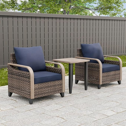 Modern Wicker Bistro Table and Chairs Set, Rattan Outdoor Bistro Set for Patio, Wicker Patio Chairs & Table, 3 Pieces, Brown/Blue
