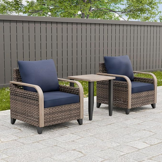 Modern Wicker Bistro Table and Chairs Set, Rattan Outdoor Bistro Set for Patio, Wicker Patio Chairs & Table, 3 Pieces, Brown/Blue