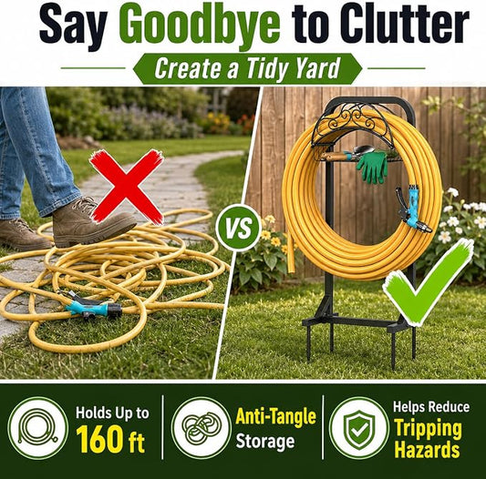 Garden Hose Holder Water Hose Reel Stand with Storage Basket Holds 160ft, Heavy Duty Freestanding Hose Stand with Triangular Base, Metal Hanger for Outside Yard Lawn, Black