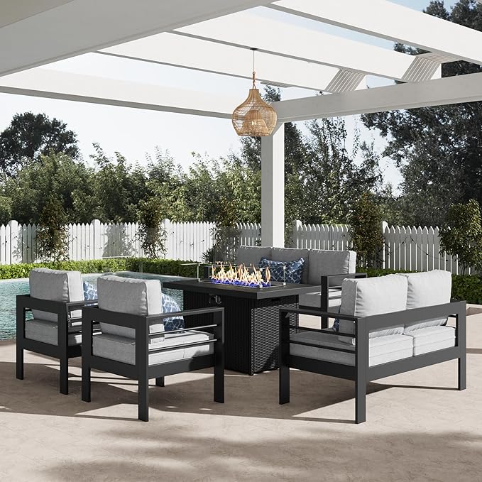 LayinSun Aluminum Furniture Set with Fire Pit Table, 5 Pieces Patio Sectional Conversation Chat Sofa Modern Seating Set