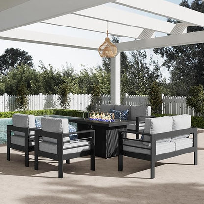 LayinSun Aluminum Furniture Set with Fire Pit Table, 5 Pieces Patio Sectional Conversation Chat Sofa Modern Seating Set