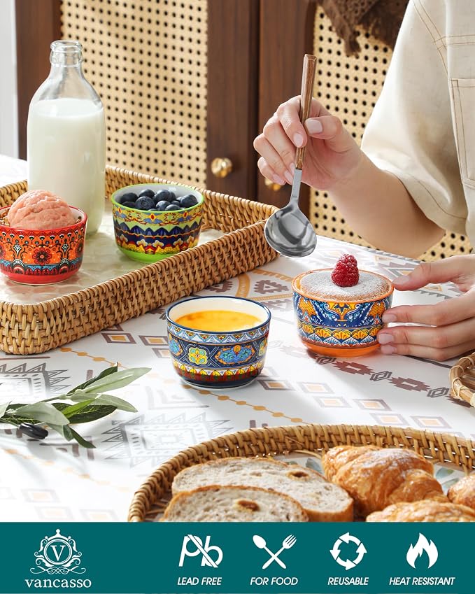 vancasso Ramekins 4 oz Oven Safe, Bohemian Style Creme Brulee Ramekin for Baking, Porcelain Souffle Dishes, Pudding Custard Cups Set of 6 Dipping Sauce Bowls Small Ramiken Bowls for Ice Cream