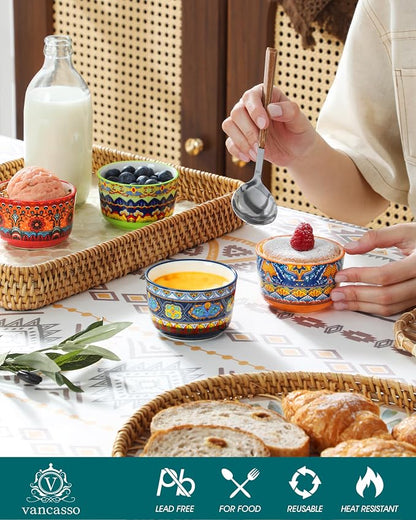 vancasso Ramekins 4 oz Oven Safe, Bohemian Style Creme Brulee Ramekin for Baking, Porcelain Souffle Dishes, Pudding Custard Cups Set of 6 Dipping Sauce Bowls Small Ramiken Bowls for Ice Cream