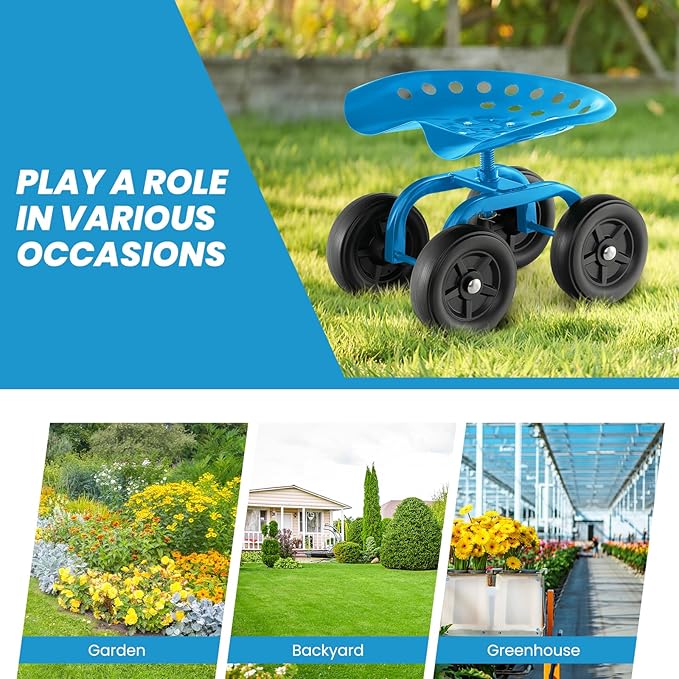 Giantex Garden Cart, Rolling Workseat with 4 Wheels, Garden Stool 360° Swivel Work Seat & Adjustable Height, Heavy Duty Wagon Scooter for Gardening for Patio Garden, Lawn, Yard (Blue)